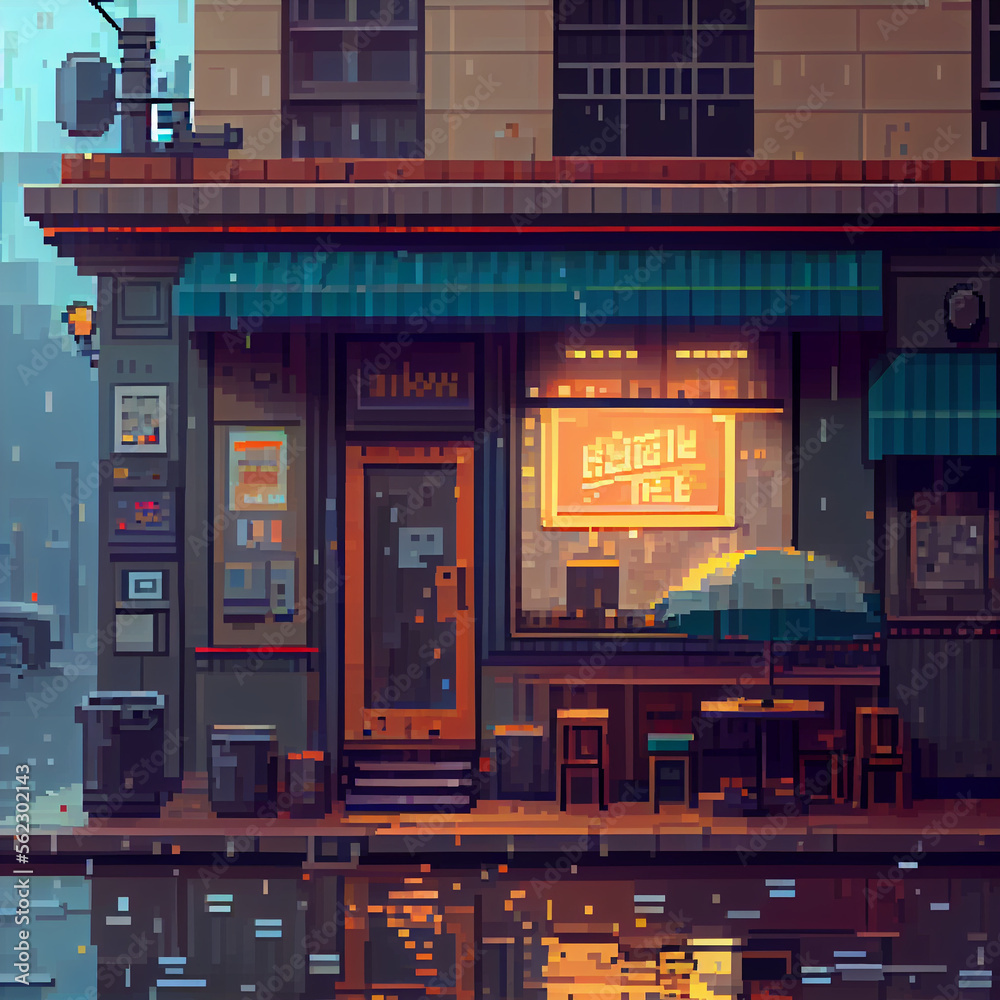 Pixel art of a store on a rainy day Pixel art of a store on a rainy day
