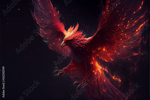 illustration of Phoenix bird risen from the ashes on black background © terra.incognita