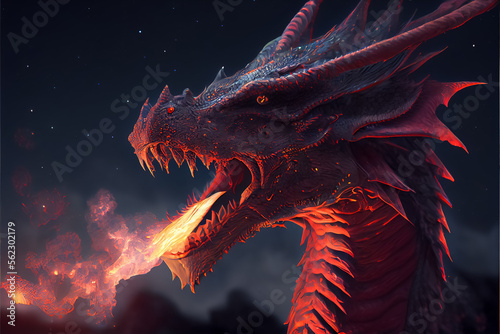 illustration of a mysterious fire dragon on black background . AI © terra.incognita