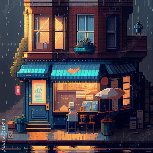 Pixel art of a store on a rainy day