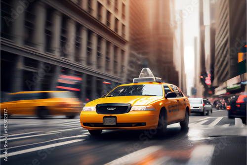 Photo illustration of motion blur yellow taxi cabs in city . AI