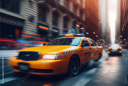 Obraz na plátne illustration of motion blur yellow taxi cabs in city . AI