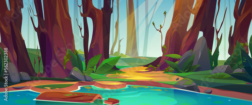 Cartoon ancient forest landscape with old tall trees, green grass and river. Vector illustration of sun rays penetrating wood thickets, clear blue water in lake. Natural background for game design