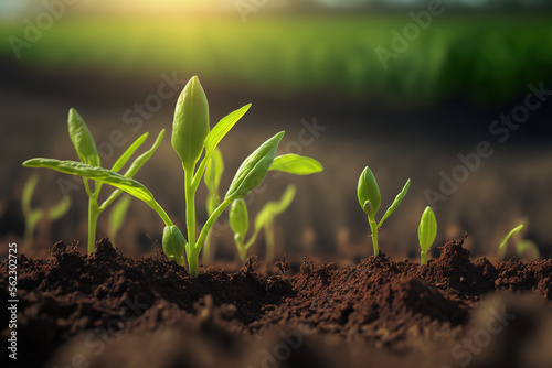 Springtime corn field with fresh, green sprouts in soft focus. In a farmed farm area, young, green corn seedling sprouts are growing. Agricultural landscape with soil based corn sprouts. Generative AI
