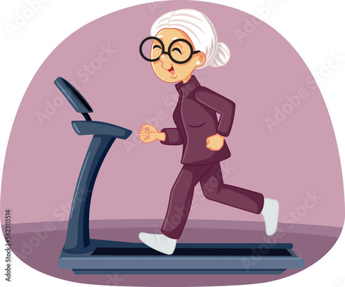 Elderly Woman Training on a Treadmill Vector Cartoon Illustration. Senior lady feeling energized running and exercising 
