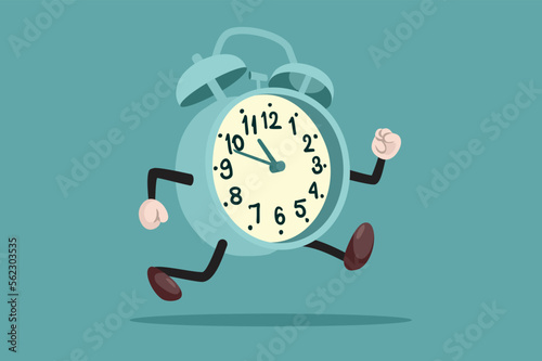 Anthropomorphic Cartoon Clock Running Away Vector Concept Illustration. Funny retro alarm clock character being late and busy
