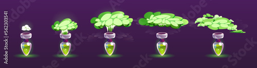 Potion bottle with puff cloud animation set isolated on background. Vector cartoon illustration of glass flasks or test tube with magic green elixir, explosion or evaporation gas effect