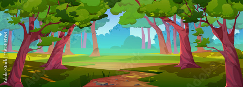 Sunny summer forest, park nature landscape. Cartoon wood background with green grass under trees, empty brown sandy path. Vector illustration