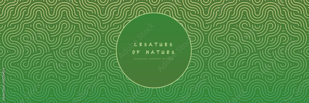 Lucky shamrock seamless pattern in oriental geometric style. Green and yellow natural pattern with wavy leaves asian ornament. Vector line graphic repeatable art.