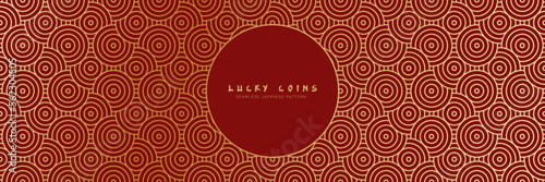 Luxury seamless pattern in geometric traditional style. festive wallpaper with golden lucky coins money for  celebration decoration. Rich red and golden chinese lunar new year asian vector motif. 