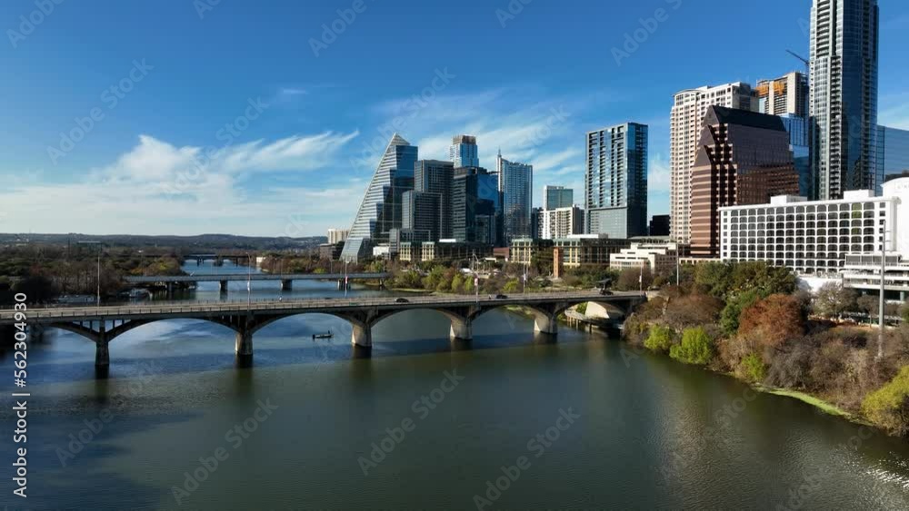 Traffic on the Congress Avenue Bridge, sunny, fall day in Austin, USA - Aerial view Traffic on the Congress Avenue Bridge, sunny, fall day in Austin, USA - Aerial view