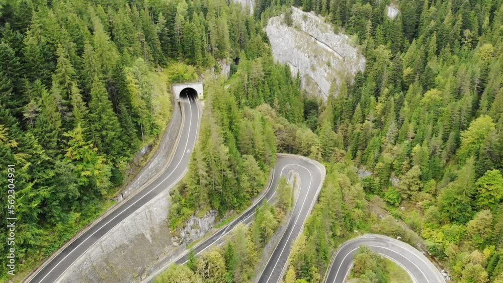 Panorama Of A Winding Road In Bicaz Gorge, Romania. Aerial Drone Shot Panorama Of A Winding Road In Bicaz Gorge, Romania. Aerial Drone Shot