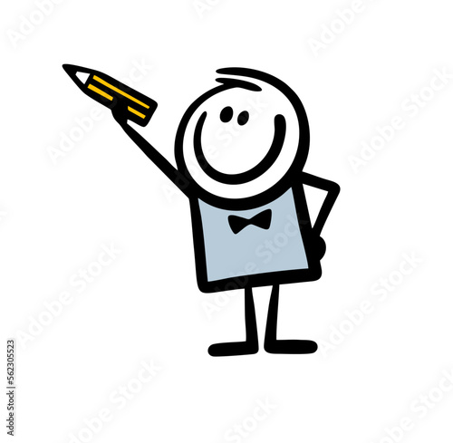 Doodle little boy draws a picture with a colored pencil and smiles.