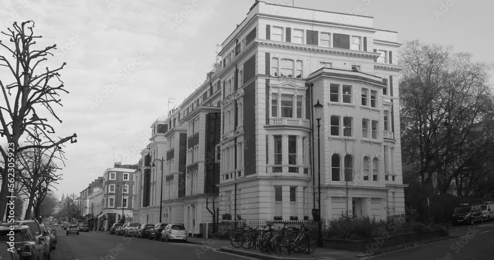 Monochrome Of Architectural Buildings In The Royal Borough of Kensington and Chelsea In London, United Kingdom. Wide Shot Monochrome Of Architectural Buildings In The Royal Borough of Kensington and Chelsea In London, United Kingdom. Wide Shot