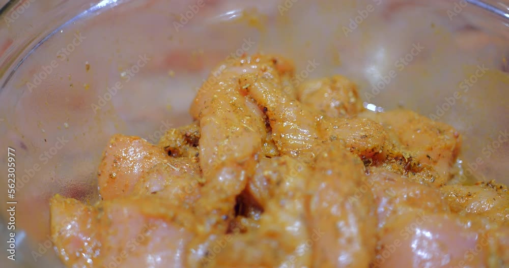 Chicken Meat Marinated With Some Herbs And Spices. Closeup Chicken Meat Marinated With Some Herbs And Spices. Closeup