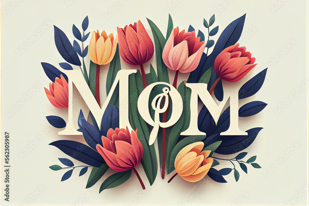 cartoon style illustration of flowers for congratulation to mother's day and text inscription mom . AI