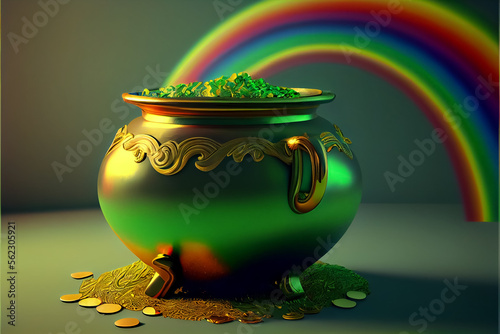 illustration of golden pot with coins and rainbow St.Patrick day . AI