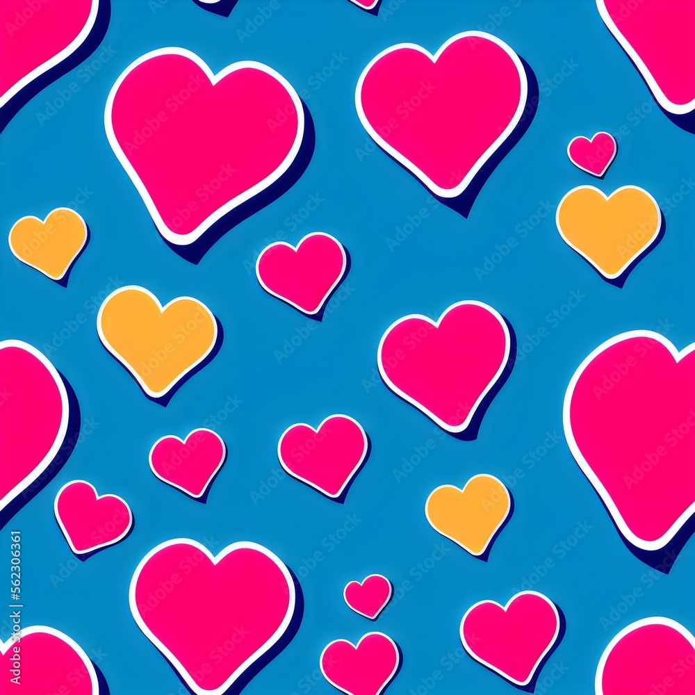 Outlined hand drawn red and yellow hearts, seamless hearts pattern, tileable Valentine texture asset, part of Hearts_Textures_Collection, Generative AI
