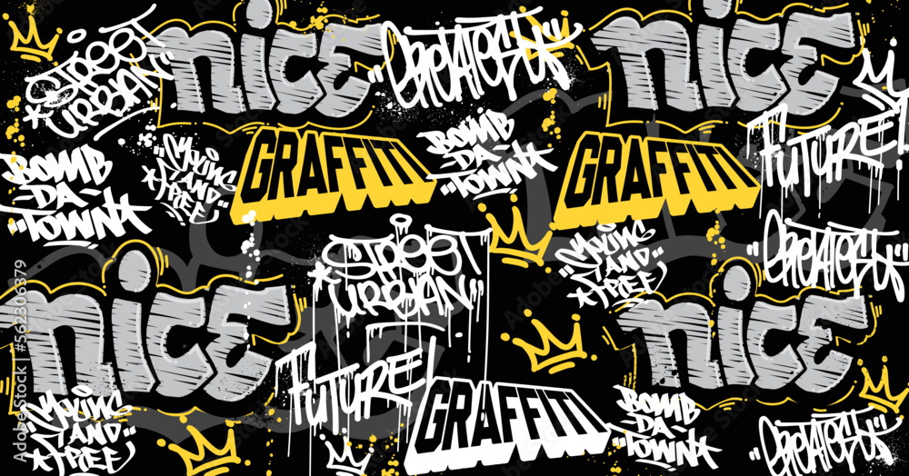 Abstract graffiti art background with scribble throw-up and tagging hand-drawn style. Street art graffiti urban theme for prints, patterns, banners, and textiles in vector format.