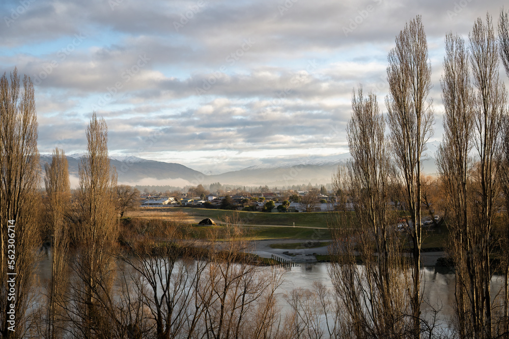 Butchers Dam framed by trees in winter. Alexandra, Central Otago.