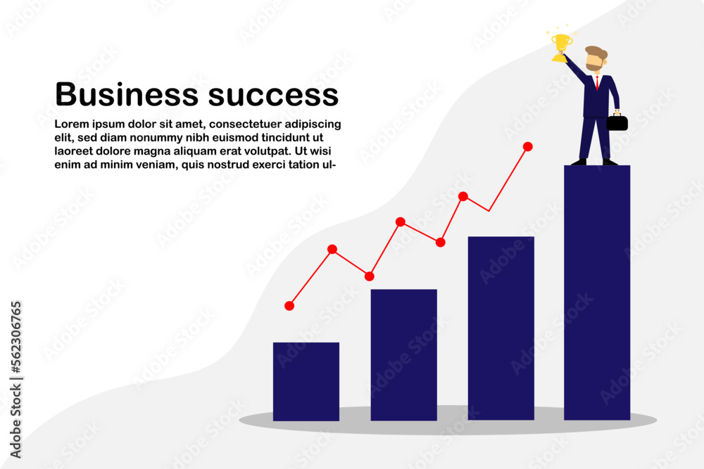 Vector illustration concept businessman standing on graph bar show success trophy with strategy graph,Reward with business success Vector illustration concept businessman standing on graph bar show success trophy with strategy graph,Reward with business success
