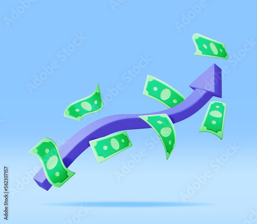 3D Growth Stock Chart Arrow with Dollars. Render Stock Arrow with Money Shows Growth or Success. Financial Item, Business Investment Financial Market Trade. Money and Banking. Vector Illustration