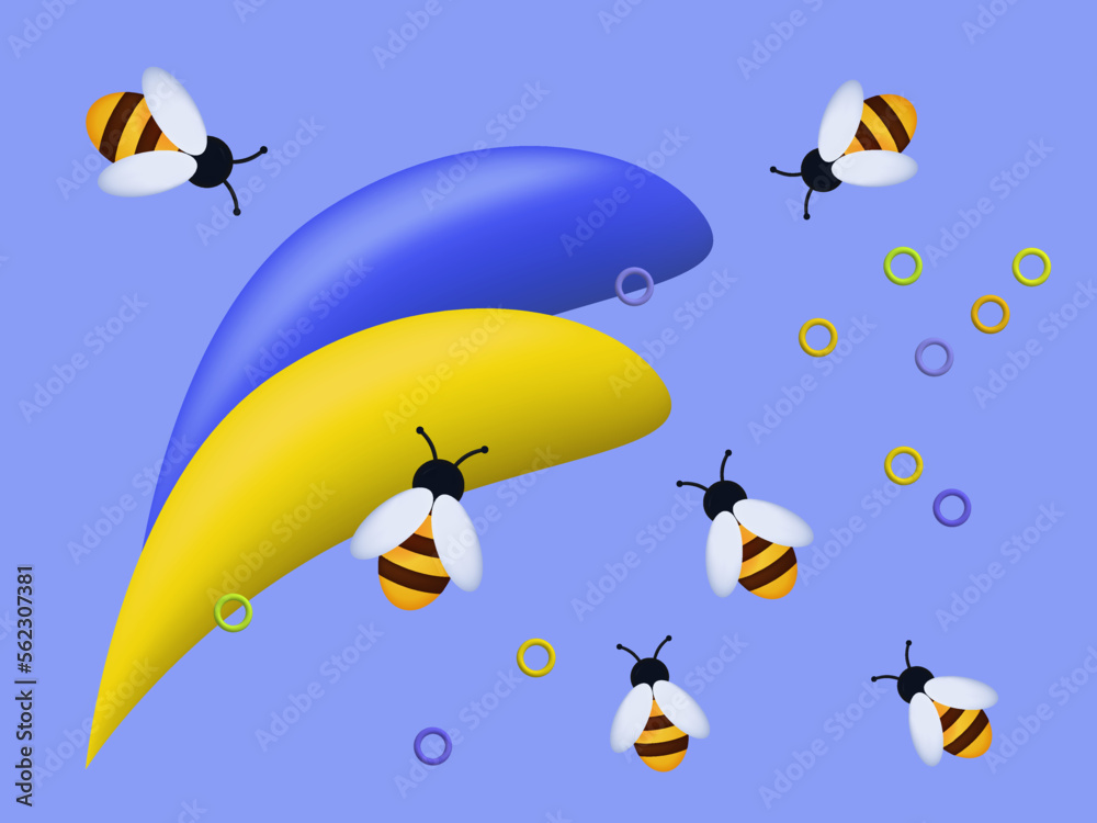 A swarm of bees collects honey in the apiary. Vector 3d illustration. The insect pollinates the flowers. Modern meadow design, petals blue, yellow, close-up, environment. Bees collecting pollen.