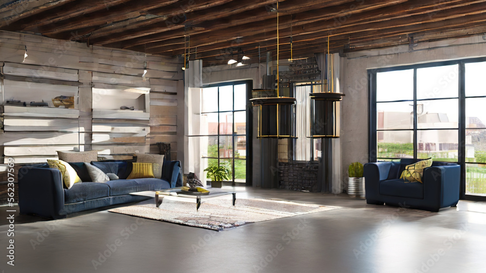 Fototapeta premium postmodern living room interior in loft, industrial style, vintage, Generative AI