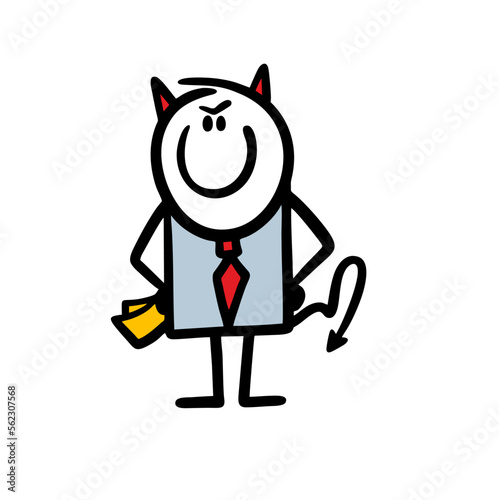 Chief of the devil with horns and tail smiles maliciously and holds documents in his hands.