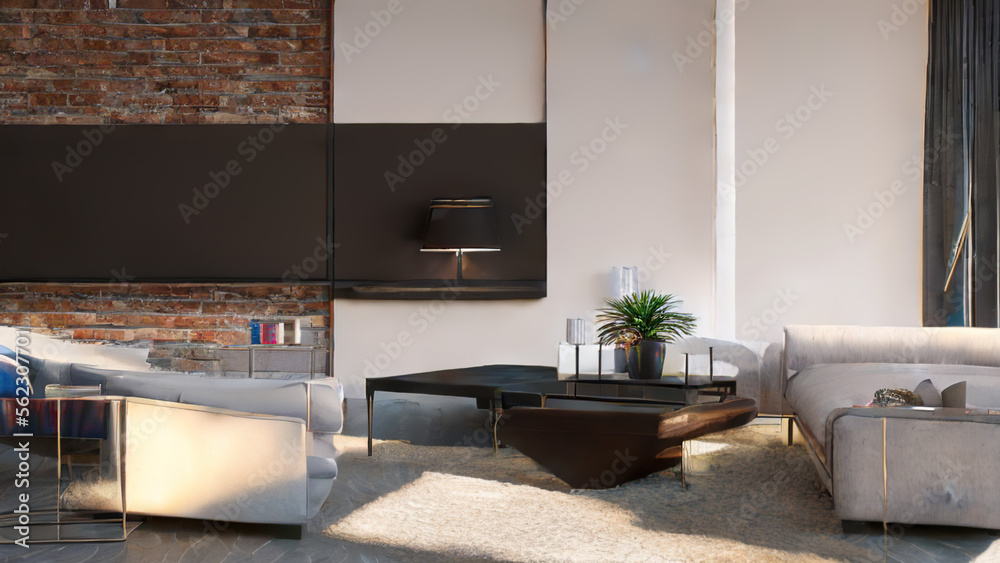 Fototapeta premium postmodern living room interior in loft, industrial style, vintage, Generative AI