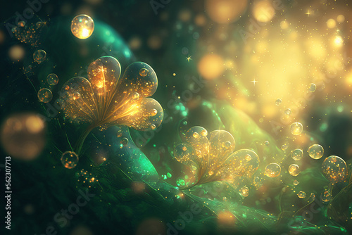 Festive background with shining clover shamrocks and golden bokeh. St. Patrick s Day backdrop. Generative AI illustration