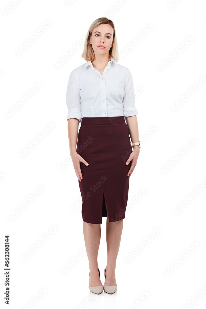 Woman, corporate portrait and studio with confidence, vision or career goals by white background. Isolated young business leader, workplace fashion or serious for mission, entrepreneurship or success Woman, corporate portrait and studio with confidence, vision or career goals by white background. Isolated young business leader, workplace fashion or serious for mission, entrepreneurship or success