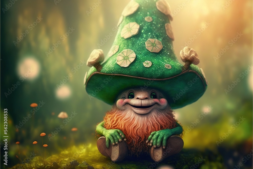 a green gnome sitting in the grass with a mushroom hat on his head and