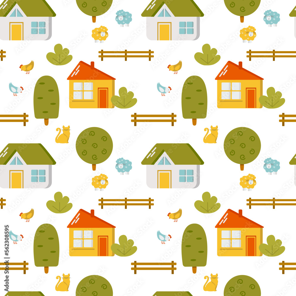 Seamless pattern with village houses, chickens and sheeps. Vector illustration