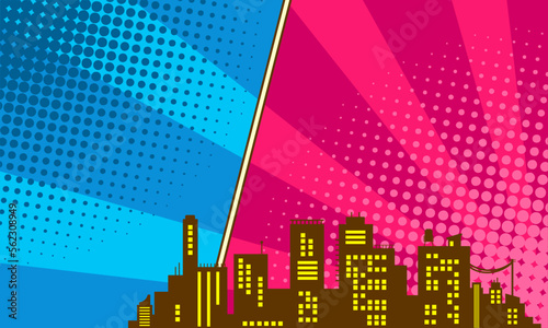 comic cartoon with city silhouette background