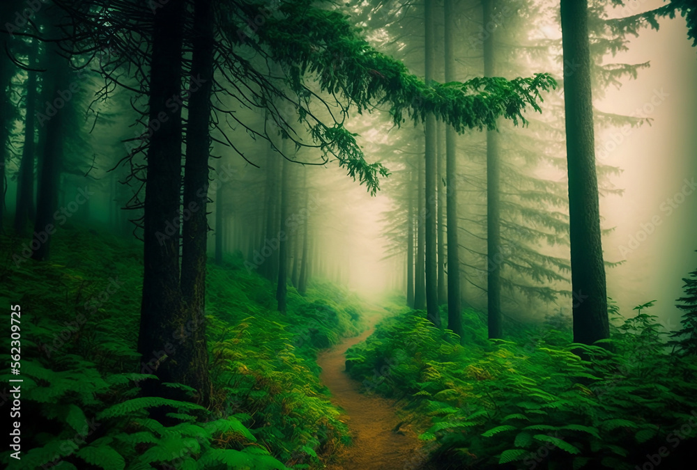 Obraz premium Misty morning fog envelops a lush green forest