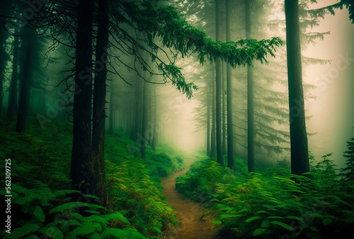 Misty morning fog envelops a lush green forest