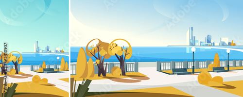 City embankment in autumn season. Urban scene in different formats.