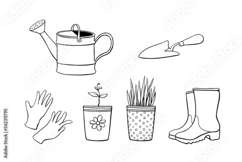 Vector set of garden tools: watering can, protective gloves, rubber boots, scoop, pots with sprout, seedlings. Hand drawn outline doodle illustration. Clip arts of gardening work theme