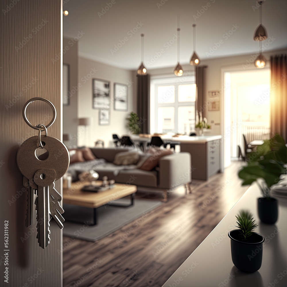 Open door to a new apartment with key. Mortgage, investment, rent, real