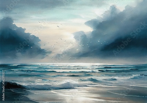 Fototapeta Peaceful day at the beach ocean sea evening impasto painting brush stokes, gener