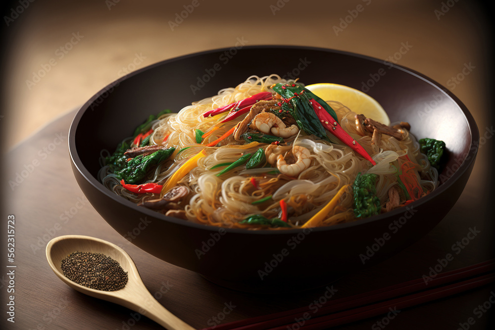 Korean glass noodle stir fry called Japchae. Generative AI Stock