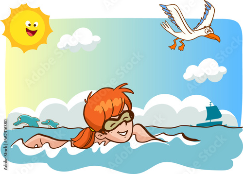children swimming and sunbathing on vacation