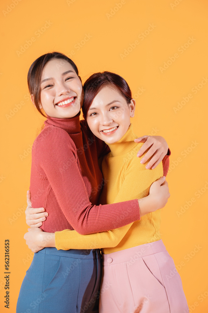 Naklejka premium Image of two young Asian woman on background