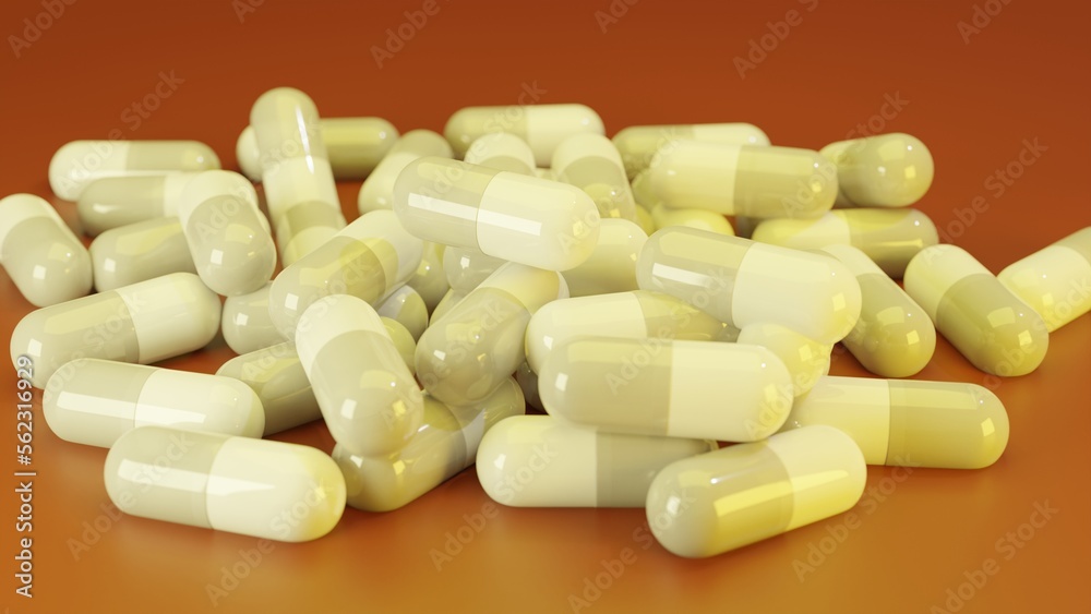 A lots of white capsules on the orange backgground for healthcare idea. A lots of white capsules on the orange backgground for healthcare idea.