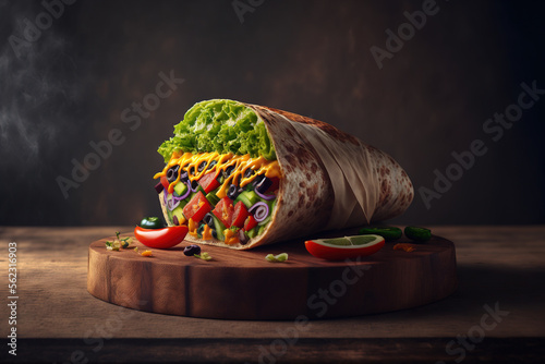 Pleasant veggie burrito on a wooden board over a dark table. Generative AI photo