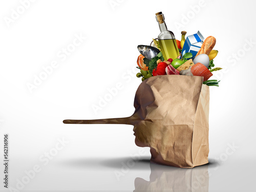 Food Industry Fraud as mislabeling and diluting or manipulating grocery items to increase profit as a consumer being mislead or false advertising with 
 as a grocery bag