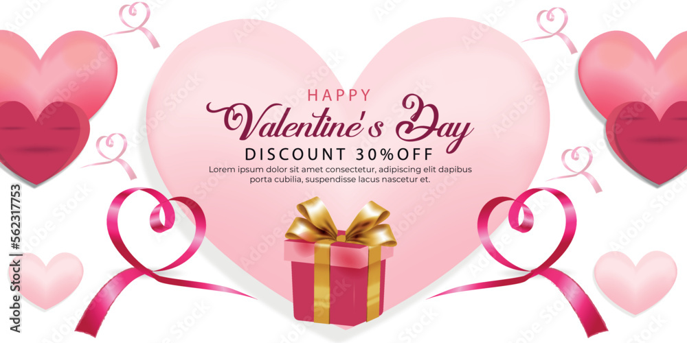 Happy valentine’s day with red ribbon and stylish hearts decoration Happy valentine’s day with red ribbon and stylish hearts decoration