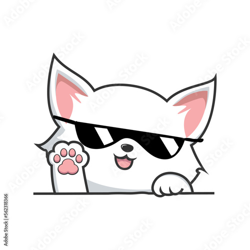 White Cat Waving Paws Hand - Cute White Pussy Cat with Sunglasses