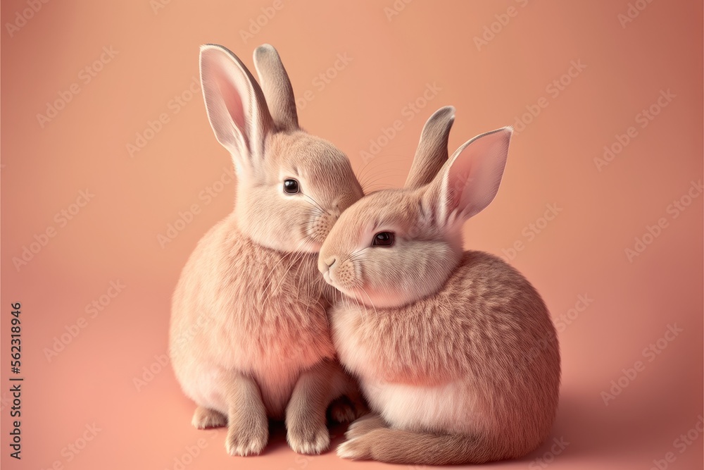 Two loving rabbits kissing. Love symbol. Pink background. Gererative AI Two loving rabbits kissing. Love symbol. Pink background. Gererative AI